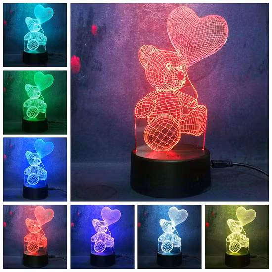 사랑, 테디베어, 3D 야간 조명 램프, Love Shape, 로맨틱 글로우, LED 야간 조명, 야간 조명, 터치 센서 조명
